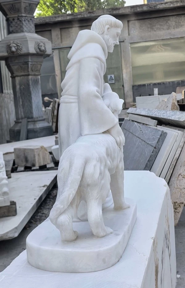 St Francis with Wolf White Marble Statue